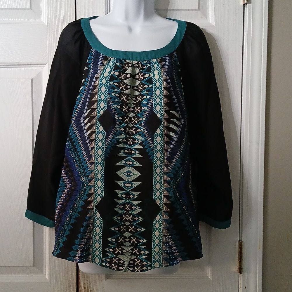 eci new york  black blue teal print sheer tunic Sz M EUC